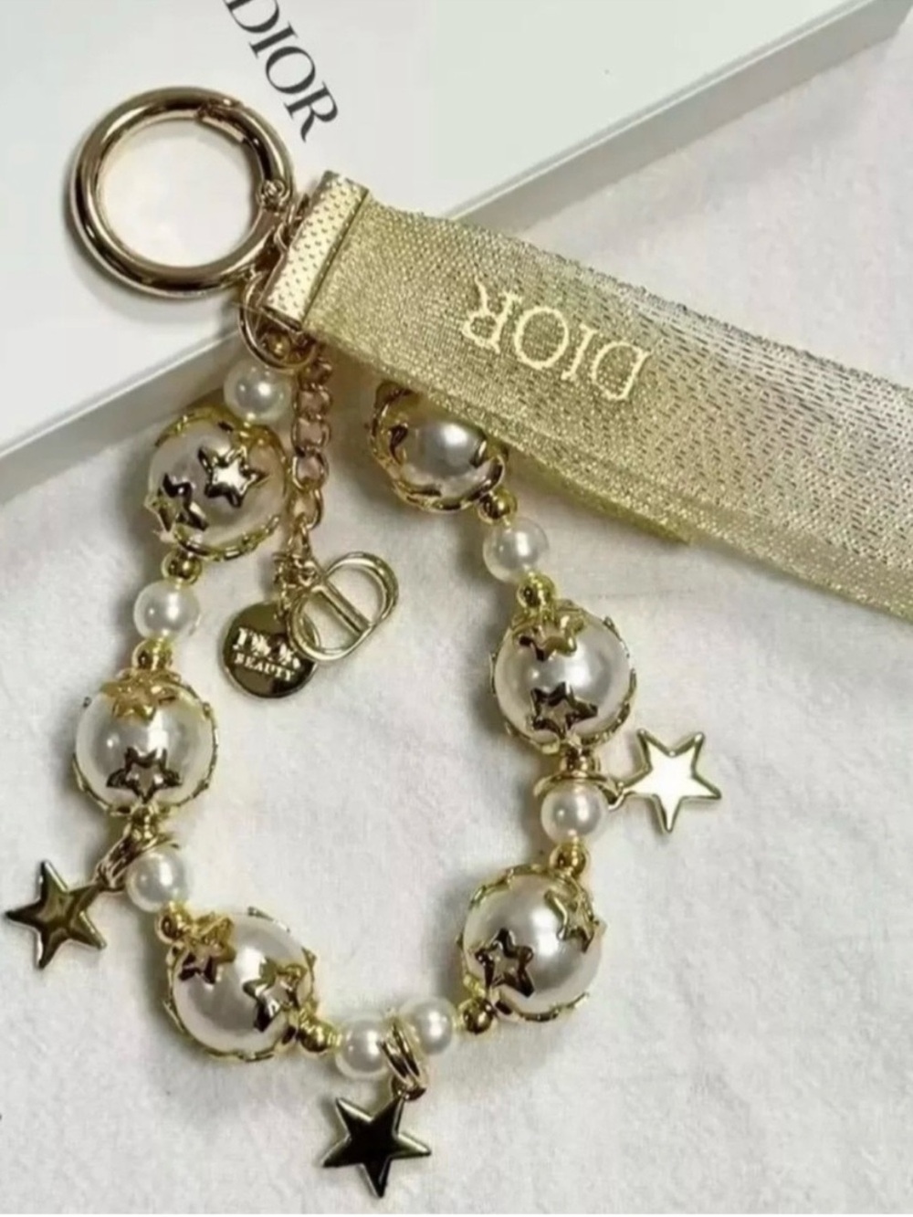 NIB Dior Gold-tone and White Pearl Star Charm Keychain Bracelet